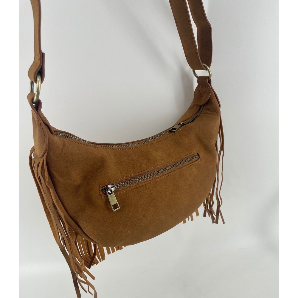 Western Fringe Crescent Moon Crossbody Bag Purse Tan Faux Suede Boho Festival